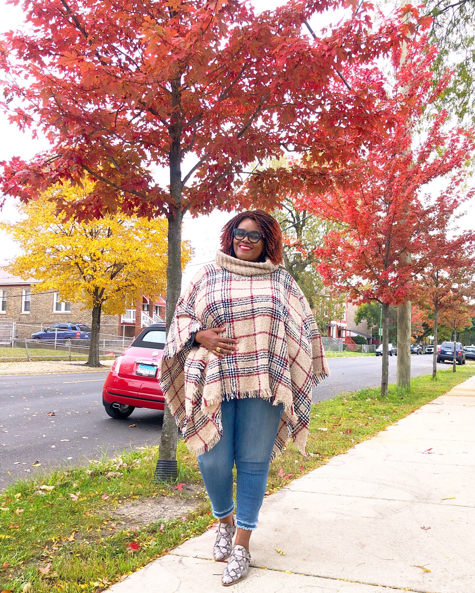 Plaid Cowl Neck Poncho and snake skin booties