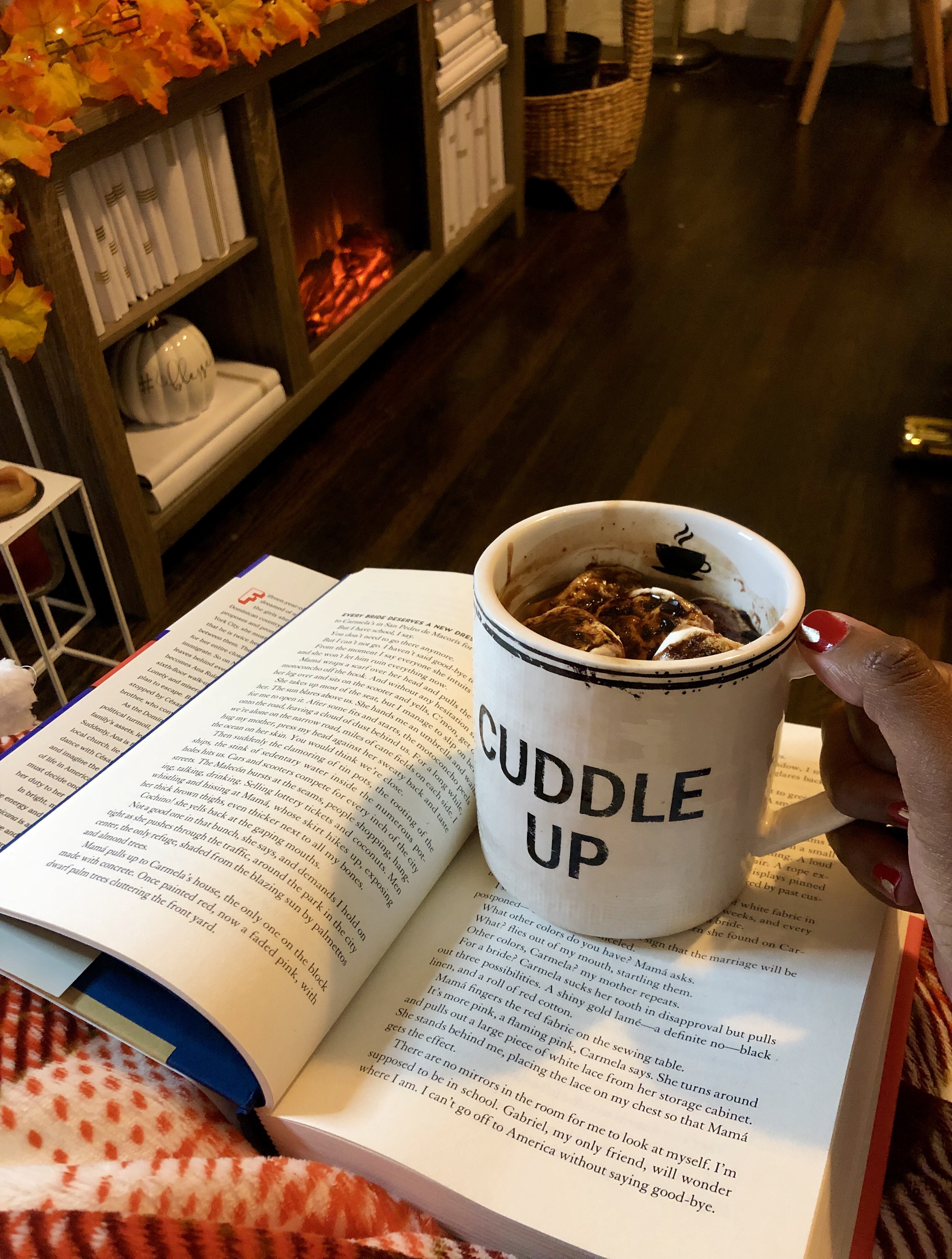 Vegan hot chocolate and reading a book